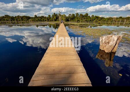 Il Footbridge sulla Palude di Neak Pean, tempio di Angkor, Siem Reap, Cambogia Foto Stock