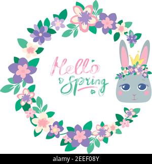 Carino corona di fiori con un coniglietto di principessa grigia. Ciao primavera lettere verdi e rosa. Stile cartone animato. Stampa vettoriale su tessuti per bambini, tessere, magliette, imballaggi, dima Illustrazione Vettoriale