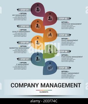 Modello di gestione aziendale infografica. Icone in colori diversi. Includere la gestione delle chiavi, la gestione delle operazioni, la qualità, la gestione dell'ufficio e. Illustrazione Vettoriale