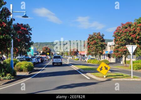 La città balneare di Whangamata, Nuova Zelanda, nella stagione turistica estiva, con alberi in fiore pohutukawa lungo le strade Foto Stock