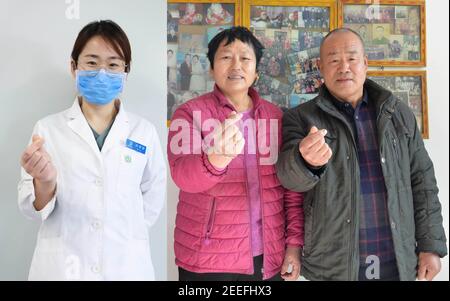 (210216) -- PECHINO, 16 febbraio 2021 (Xinhua) -- Combo foto mostra Liu Yanyan facendo un gesto di cuore della mano alla sua famiglia all'ospedale Ditan di Pechino, capitale della Cina, 9 febbraio 2021 (L), E i genitori di Liu Yanyan che fanno un gesto di cuore della mano alla loro figlia dalla contea di Ningjin, Provincia di Shandong della Cina orientale, 8 febbraio 2021 (R, Foto di Han Qiang).Liu Yanyan, 31, un medico nel reparto respiratorio dell'ospedale di Ditan, è stato attaccando alla linea anteriore dell'anti-epidemia dalla pandemia di COVID-19, E ha scelto di soggiornare a Pechino per la festa cinese di Capodanno lunare quest'anno. Come parte della preve Foto Stock