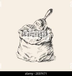 Sacchetto con chicchi di caffè e paletta Illustrazione Vettoriale