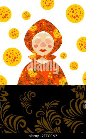 M atreshka con frittelle. Illustrazione sul tema di Shrovetide - Slavic festa popolare. Incontro in primavera e vista invernale. Auto di saluto vettoriale Illustrazione Vettoriale