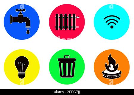 Utenze, icone Vector gas elettricità acqua riscaldamento internet spazzatura. Concetto, pagamento per utilità illustrazione piatta oggetto isolato Illustrazione Vettoriale