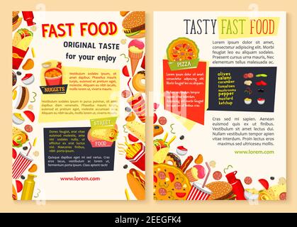 Poster del ristorante fast food. Disegno vettoriale di hot dog, cheeseburgers e panini, pasti combinati e pizza o spuntini Street food di hamburger, fren Illustrazione Vettoriale