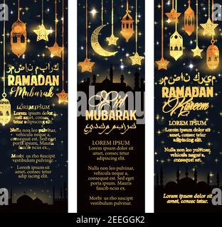 Ramadan Kareem e Eid Mubarak banner di saluto per le vacanze religiose musulmane. Decorazioni vettoriali di luci lanterne, minareti moschee, luna mezzaluna e gemelle Illustrazione Vettoriale