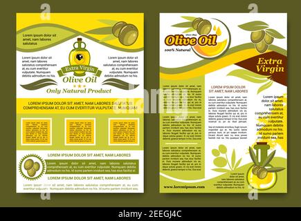 Poster di prodotti a base di olio d'oliva con olive nere e verdi per olio da cucina naturale extra vergine. Disegno vettoriale di frutta e olio maturi in bottiglia o Illustrazione Vettoriale