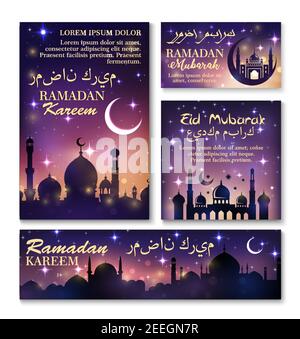 Banner e poster per la celebrazione del festival Ramadan. Moschea musulmana con luna crescente e stelle nel cielo notturno per Eid Mubarak e Ramadan Kareem mese santo Illustrazione Vettoriale