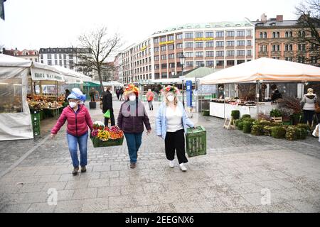 Monaco, Germania. 16 Feb 2021. Le donne del mercato Annemarie Doll (l-r), Erika Schuster e Christl Lang camminano attraverso il Viktualienmarkt con le casse di frutta il martedì di Shrove. La danza tradizionale delle donne di mercato non si svolge quest'anno a causa della pandemia di Corona. Credit: Felix Hörhager/dpa/Alamy Live News Foto Stock