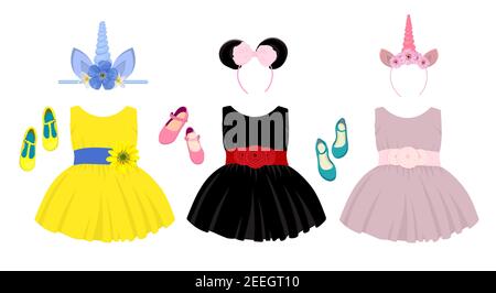 scarpe da vacanza per ragazze, scarpe modello per bambini. Bellissimo abito da palla. Gonna con tulle e prua. Abito principessa. Illustrazione vettoriale isolata. Illustrazione Vettoriale