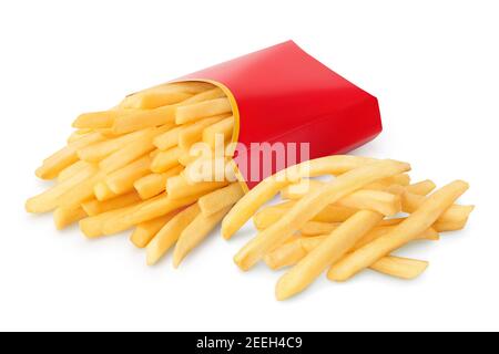 Patatine fritte o patate fritte in una scatola di cartone rossa isolato su sfondo bianco con piena profondità di campo Foto Stock