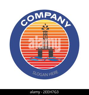 Logo dell'azienda del carro di perforazione. Logo della piattaforma petrolifera offshore in cerchio. Disegno di illustrazione vettoriale dell'industria del petrolio e del gas Illustrazione Vettoriale