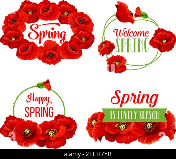 Mazzi di fiori primaverili con citazioni di auguri di primavera e fiori di papavero bouquet. Testo vettoriale di benvenuto Spring su nastri verdi con set o Illustrazione Vettoriale