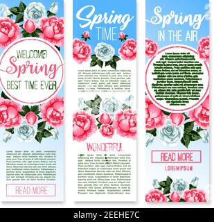 Set di modelli di banner di benvenuto per le vacanze primaverili. Poster floreale con fiori primaverili di rosa e pony con foglie e germogli verdi. Vacanze primaverili, primavera Illustrazione Vettoriale