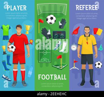Bandiere di gioco di calcio o di calcio con giocatore e arbitro e calcio che gioca oggetti di scarpe o scarpe da calcio, palla e fischio o porta di obiettivo Illustrazione Vettoriale