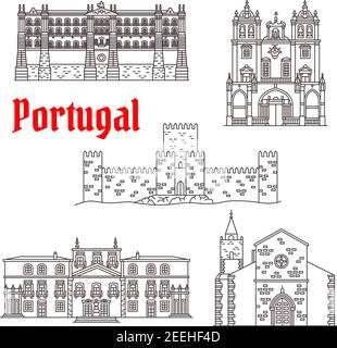 Monumenti storici del Portogallo e famosi edifici architettonici portoghesi. Vettore isolato icone e facciate del monastero di Santa Clara, Funchal e Braga Cathedr Illustrazione Vettoriale