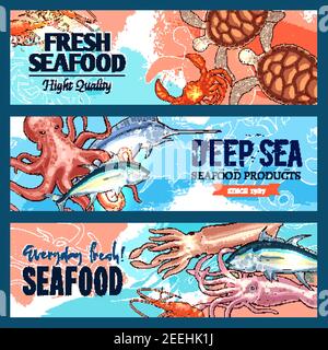 Striscioni di pesce Set di pesce fresco e frutti di mare catture di polpo, calamari o gamberetti e gamberetti, tartarughe, tonno o marlin e salmone. Disegno vettoriale per seafo Illustrazione Vettoriale