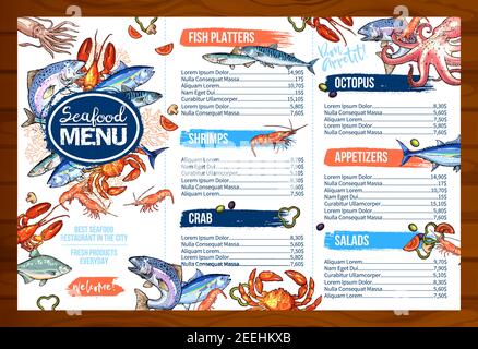 Ristorante di pesce o di pesce modello di menu di cucina. Prezzo vettoriale fissato per il piatto di pesce salmone o tonno, gamberetti freschi alla griglia o granchio e aragosta Illustrazione Vettoriale