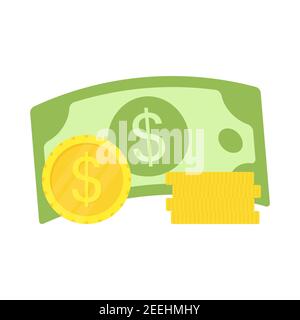 Icona del dollaro in contanti con monete. Simbolo valuta. Soldi in stile piatto. Illustrazione vettoriale isolata in bianco Illustrazione Vettoriale