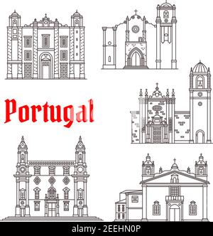 Monumenti storici del Portogallo e famosi edifici architettonici portoghesi. Vettore isolato icone e facciate di Santo Antonio e San Antao chiesa, Carmo tempio Illustrazione Vettoriale