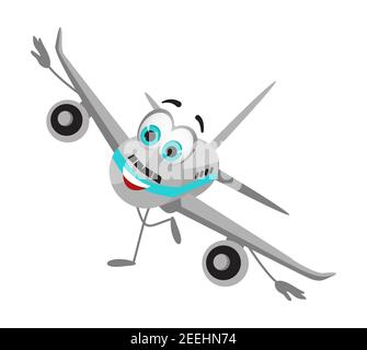 Divertente collezione di oggetti da viaggio: Funny Airplane su sfondo bianco, disegno piatto illustrazione vettoriale Illustrazione Vettoriale