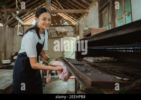 Donna asiatica sorridente che indossa un grembiule usando un panno a. chiudete la porta del forno mentre cucinate i biscotti in cucina come sfondo Foto Stock