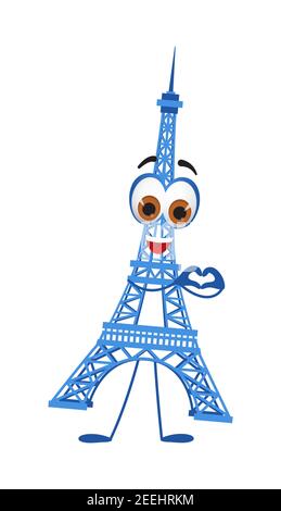 Divertente collezione di oggetti da viaggio: Divertente Torre Eiffel su sfondo bianco, disegno piatto illustrazione vettoriale Illustrazione Vettoriale