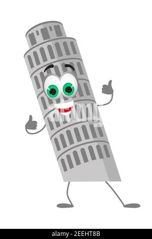Raccolta divertente di oggetti di viaggio: Divertente Pizza Tower su sfondo bianco, disegno piatto illustrazione vettoriale Illustrazione Vettoriale