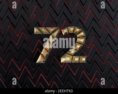 Numero settantadue (numero 72) fatto da barre d'oro su sfondo scuro con tagli e bagliore di linee al neon rosso. Vista frontale. Illustrazione 3D Foto Stock