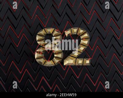 Numero ottantadue (numero 82) realizzato con barre d'oro su sfondo scuro con tagli e bagliore di linee al neon rosso. Vista frontale. Illustrazione 3D Foto Stock
