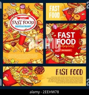 Set di modelli fast food di striscioni e poster per il menu del ristorante. Hamburger vettoriale e sandwich, gelato e dessert con ciambelle, popcorn e fren Illustrazione Vettoriale
