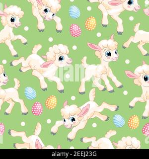 Pattern vettoriale senza giunture con concetto di Pasqua. Carino agnelli bianchi e uova di pasqua. Illustrazione colorata isolata su sfondo verde. Per stampa, t-shirt, Illustrazione Vettoriale