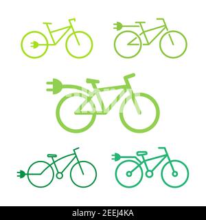 Set di icone bici elettrica. Bicicletta ecologica con collezione di spine. Illustrazione vettoriale a linea piatta isolata in bianco Illustrazione Vettoriale