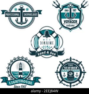 Set di badge nautici retrò. Ancora di mare, campana navi, faro e casco da immersione vintage, incorniciato da timone, corda, catena, salvagente e scudo araldico con Illustrazione Vettoriale