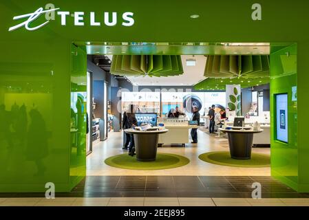 Ingresso al negozio Telus nell'Eaton Centre. Telus Corporation è una società di telecomunicazioni canadese che fornisce una vasta gamma di telecomunicazioni Foto Stock