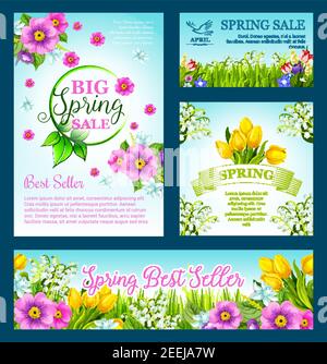 Poster vettoriali Big Spring sale e banner con fiori primaverili per offerta promozionale di sconti per le vacanze primaverili. Disegno floreale di fiori rosa in fiore e. Illustrazione Vettoriale