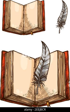 Libro vecchio con pagina vuota e schizzo isolato con penna piuma. Aprire il libro di copertina rigida con la copertina arancione e il segnalibro giallo, penna trapanata con le barrette grigie a strisce Illustrazione Vettoriale