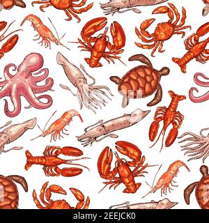 Molluschi e animali marini o oceanici motivo senza cuciture di granchio di aragosta di pesce e gamberi gamberetti, tartaruga, calamari o gamberi e crostacei di polpo. Vettore Illustrazione Vettoriale