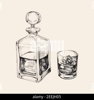 Disegnare il flacone Whiskey e il vetro. Illustrazione di Vector di bevanda disegnata a mano Illustrazione Vettoriale
