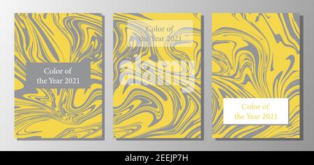 Trend dei colori dell'anno 2021. Grigio, giallo, grigio estremo e illuminante. Set di 3 moderni liquidi di fondo. Design per copertina, schede, posta Illustrazione Vettoriale