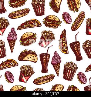 Modello di cibo veloce. Vector sfondo senza cuciture di schizzo fast food pizza fetta, hot dog e tacos messicani, cheeseburger, patatine fritte, gelato, soda, Illustrazione Vettoriale