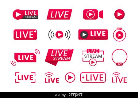 Raccolta di icone di streaming live. Pulsanti per la trasmissione, il live streaming o lo streaming online. Modello per tv, canale online, notizie dal vivo, social Illustrazione Vettoriale