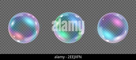 Rainbow colorata bolla subacquea isolata su sfondo trasparente. Rappresentazione vettoriale realistica di bolle d'aria o di acqua saponosa con riflessi Illustrazione Vettoriale