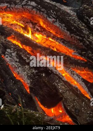 Immagine ritratto della brace ardente nel fuoco con pezzi carbonizzati di legno Foto Stock