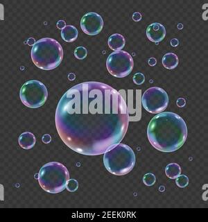 Rainbow colorata bolla subacquea isolata su sfondo trasparente. Rappresentazione vettoriale realistica di bolle d'aria o di acqua saponosa con riflessi Illustrazione Vettoriale