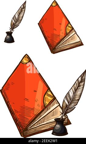 Vecchi libri in pelle copertina e penna fontana in piuma d'inchiostro quill in inkwell o inkstand. Vettoriale isolato icone di schizzo retrò di cancelleria di scrittura antica Illustrazione Vettoriale