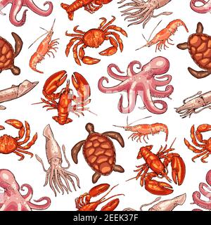 Pesce modello senza giunture con animali di mare. Granchio, gamberi, polpo, aragosta, tartaruga marina e calamari per il menu di pesce ristorante sfondo, mediterraneo Illustrazione Vettoriale
