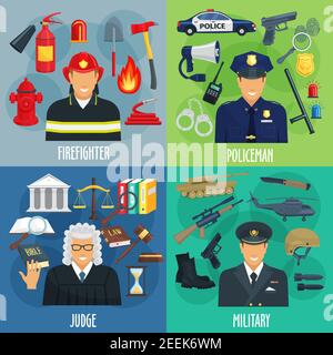 Gruppo di icone della professione di poliziotto, vigili del fuoco, militari e giudici. Uomini cartoni animati in uniforme con attrezzi, attrezzature, armi e simboli di giustizia per emergenti Illustrazione Vettoriale