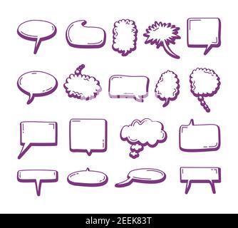 Set di Speech elemento bubble doodle trendy. Doodle bolle del discorso. Elementi disegnati a mano per virgolette e testo Illustrazione Vettoriale