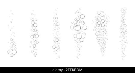 Aria frizzante, ossigeno o bolle d'acqua sott'acqua isolate su sfondo bianco. Illustrazione realistica delle scintille di scintille di scintilla in bevanda effervescente. Soda o. Illustrazione Vettoriale